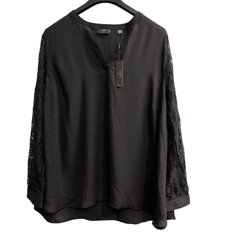Tahari Top Black Sheer Chiffon Lace Sleeve Blouse Pullover Tunic Size 2X Event